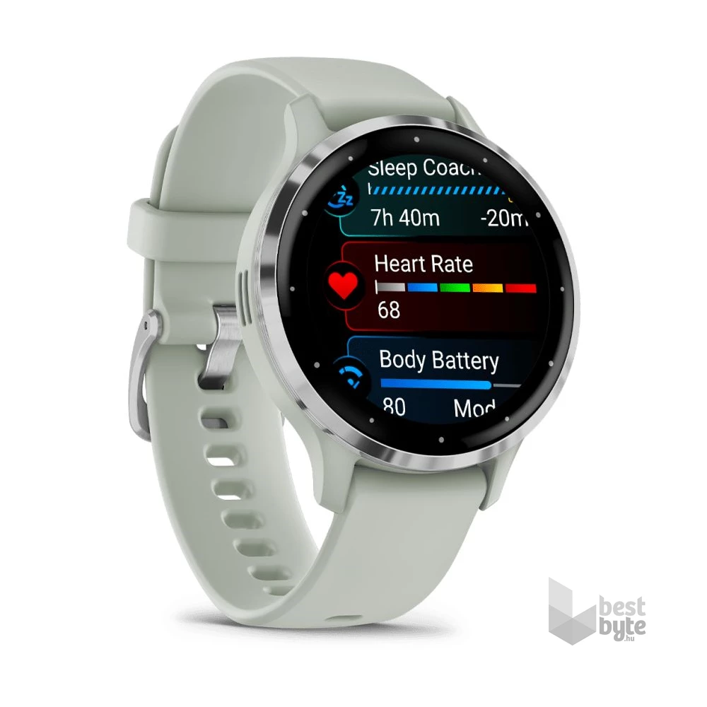 Garmin Venu 3S zsálya, ezüst kerettel, szilikon szíjjal okosóra