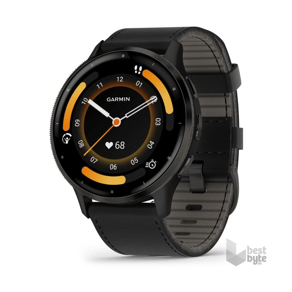 Garmin Venu 3 fekete, fekete kerettel, bőr és szilikon szíjjal okosóra