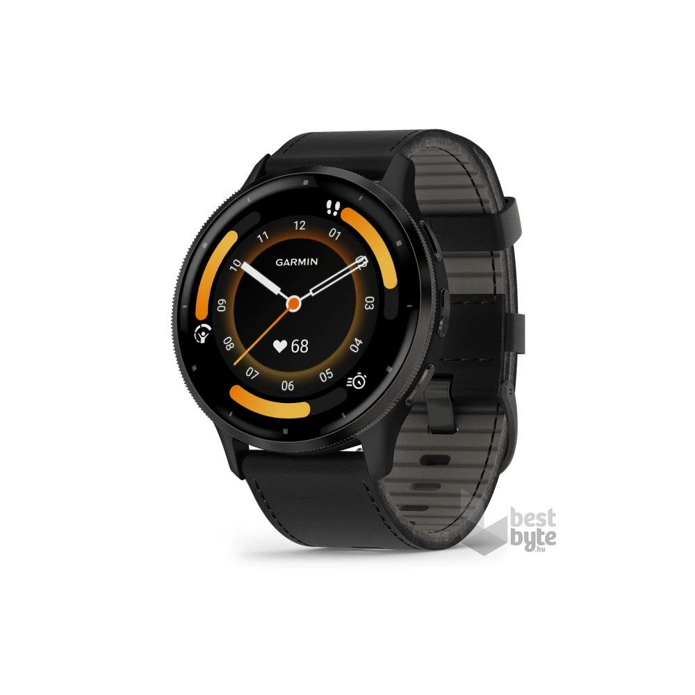 Garmin Venu 3 fekete, fekete kerettel, bőr és szilikon szíjjal okosóra