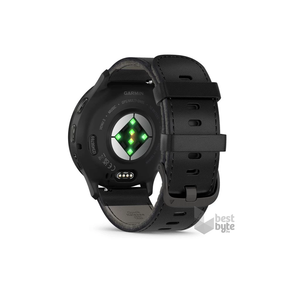 Garmin Venu 3 fekete, fekete kerettel, bőr és szilikon szíjjal okosóra
