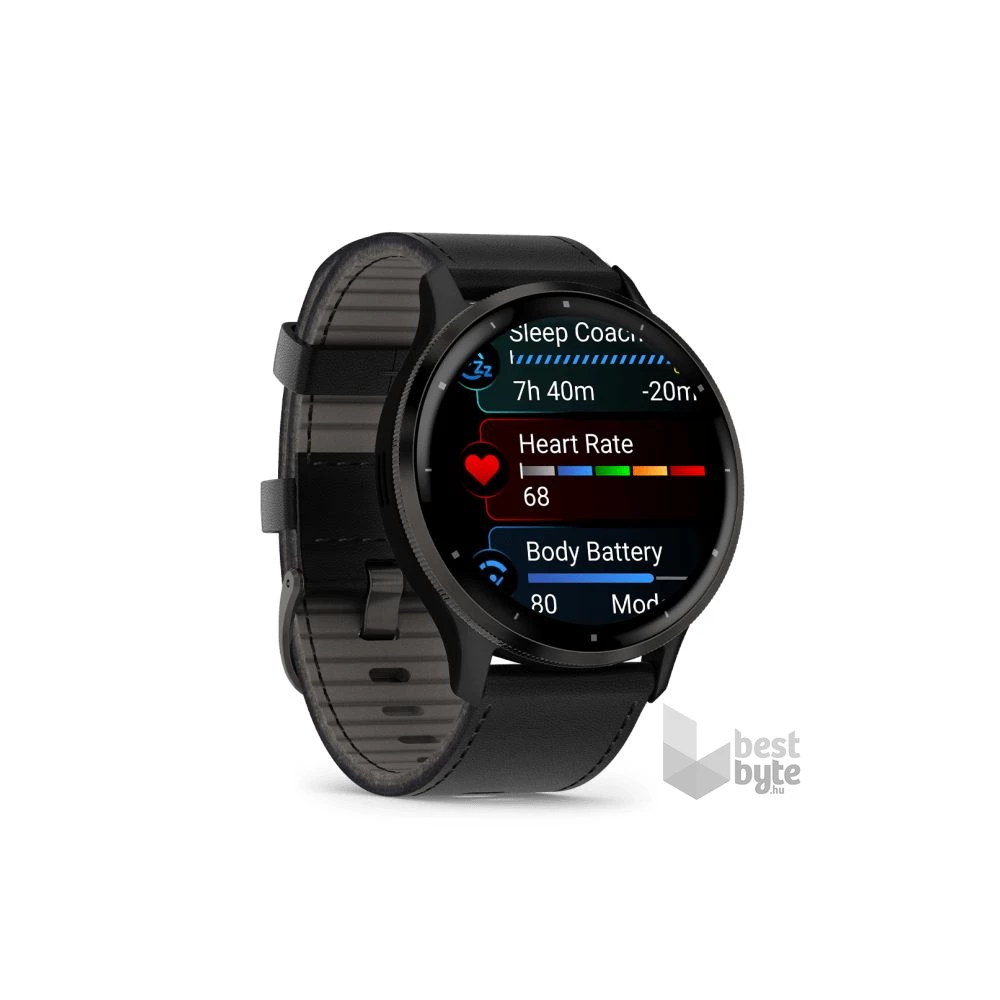 Garmin Venu 3 fekete, fekete kerettel, bőr és szilikon szíjjal okosóra