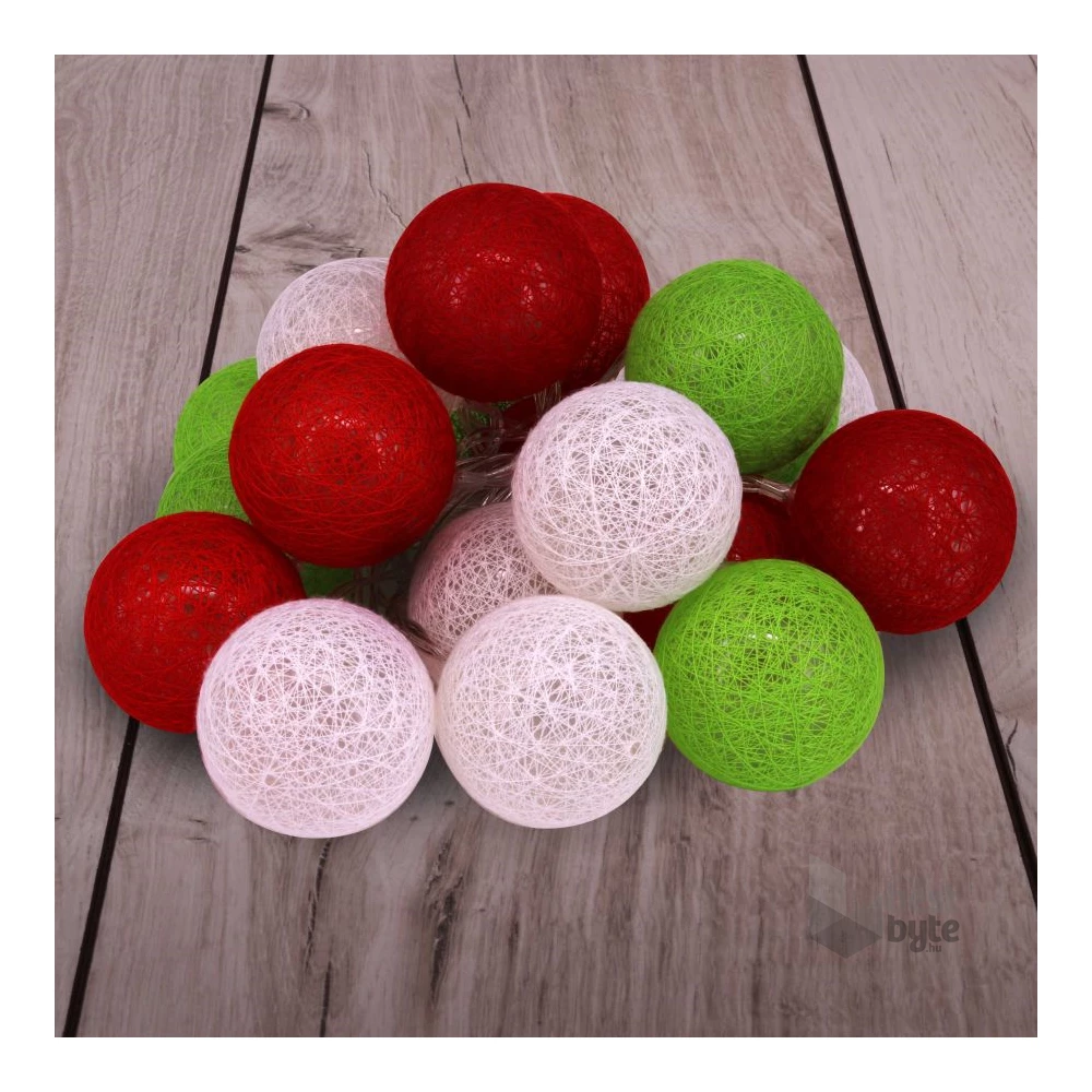 Gömb alakú 6cm/színes fonott/3m/piros-fehér-zöld/20db LED-es/USB-s fénydekoráció