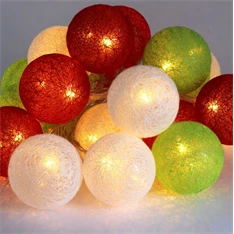 Gömb alakú 6cm/színes fonott/3m/piros-fehér-zöld/20db LED-es/USB-s fénydekoráció