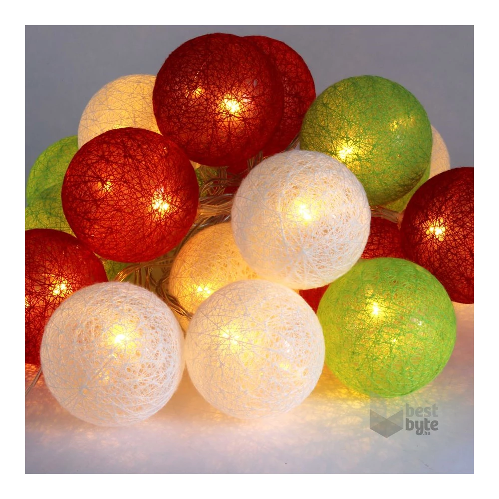Gömb alakú 6cm/színes fonott/3m/piros-fehér-zöld/20db LED-es/USB-s fénydekoráció