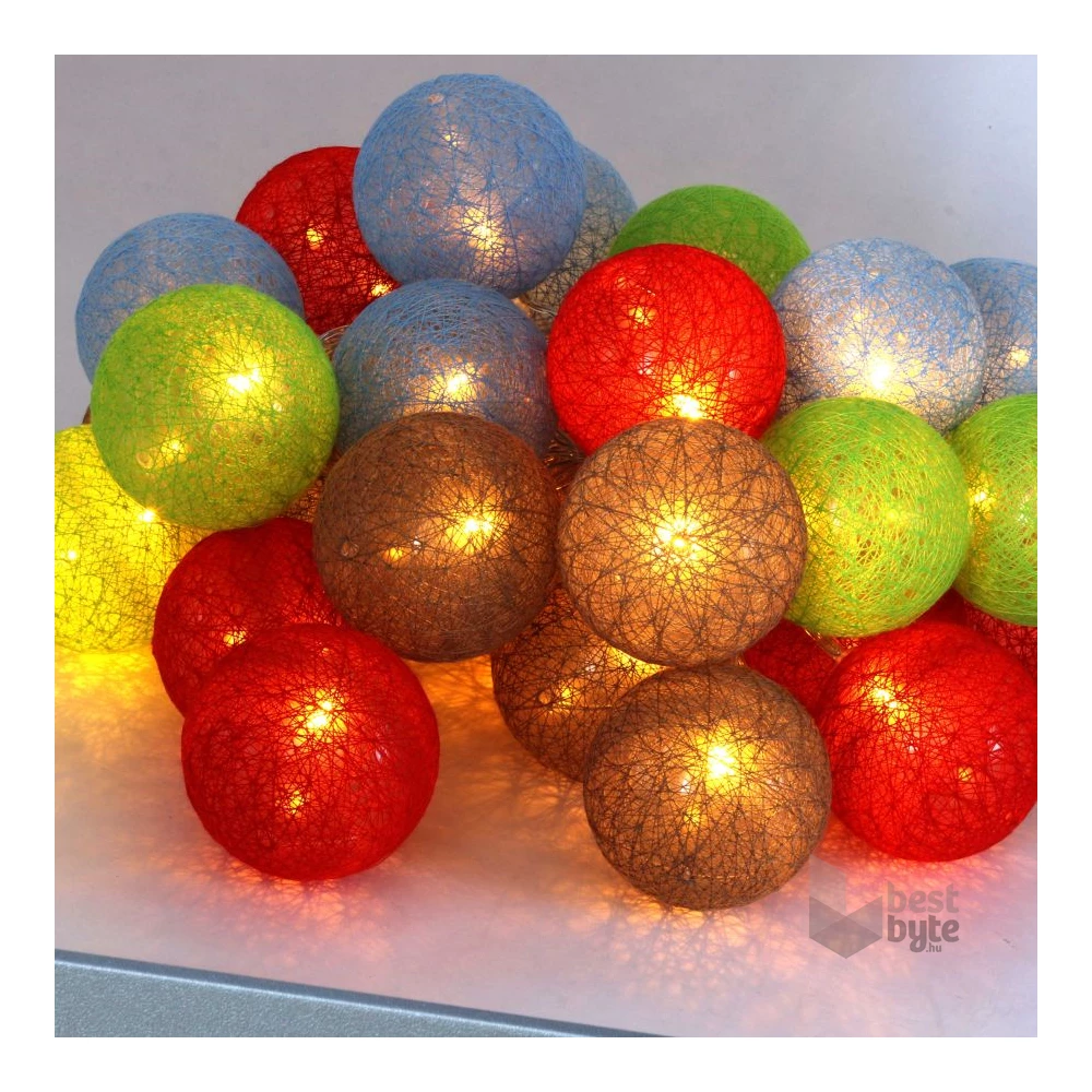 Gömb alakú 6cm/színes fonott/4,5m/barna-piros-kék-zöld/30db LED-es/USB-s fénydekoráció