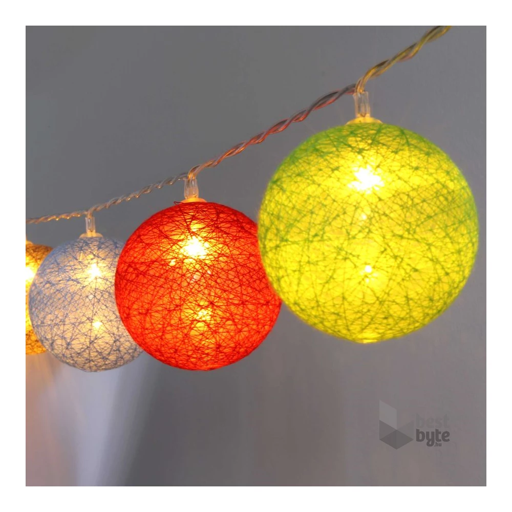 Gömb alakú 6cm/színes fonott/4,5m/barna-piros-kék-zöld/30db LED-es/USB-s fénydekoráció