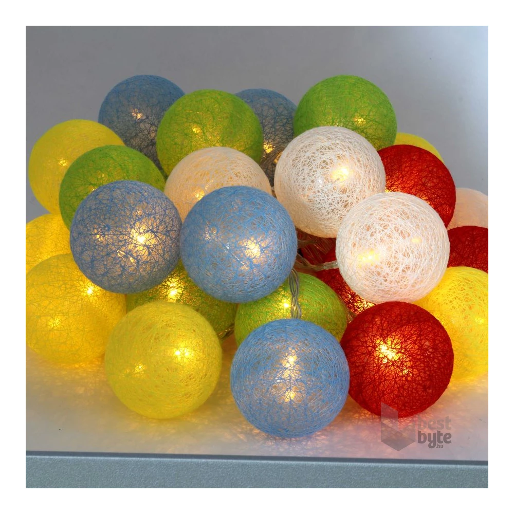 Gömb alakú 6cm/színes fonott/4,5m/több színű/30db LED-es/USB-s fénydekoráció