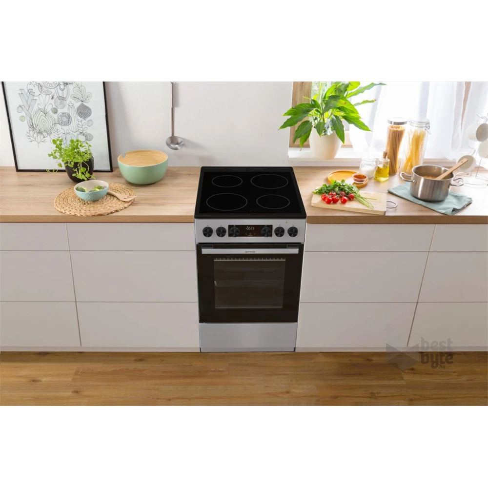 Gorenje GEC5C41SG inox, szabadonálló, kerámialapos, elektromos, főzőzóna: 4, sütő:77L, grill, tűzhely