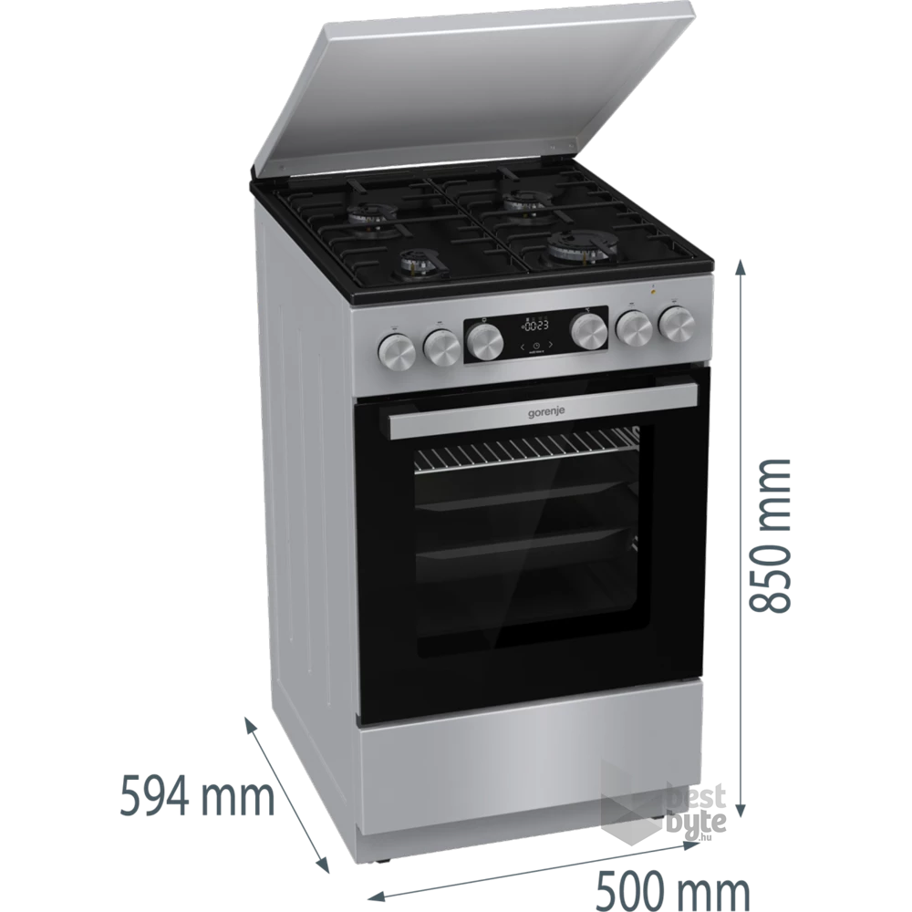 Gorenje GK5C42SH-B Inox, szabadonálló, gáz, kombinált, főzőzóna: 4, sütő:70L, grill, tűzhely