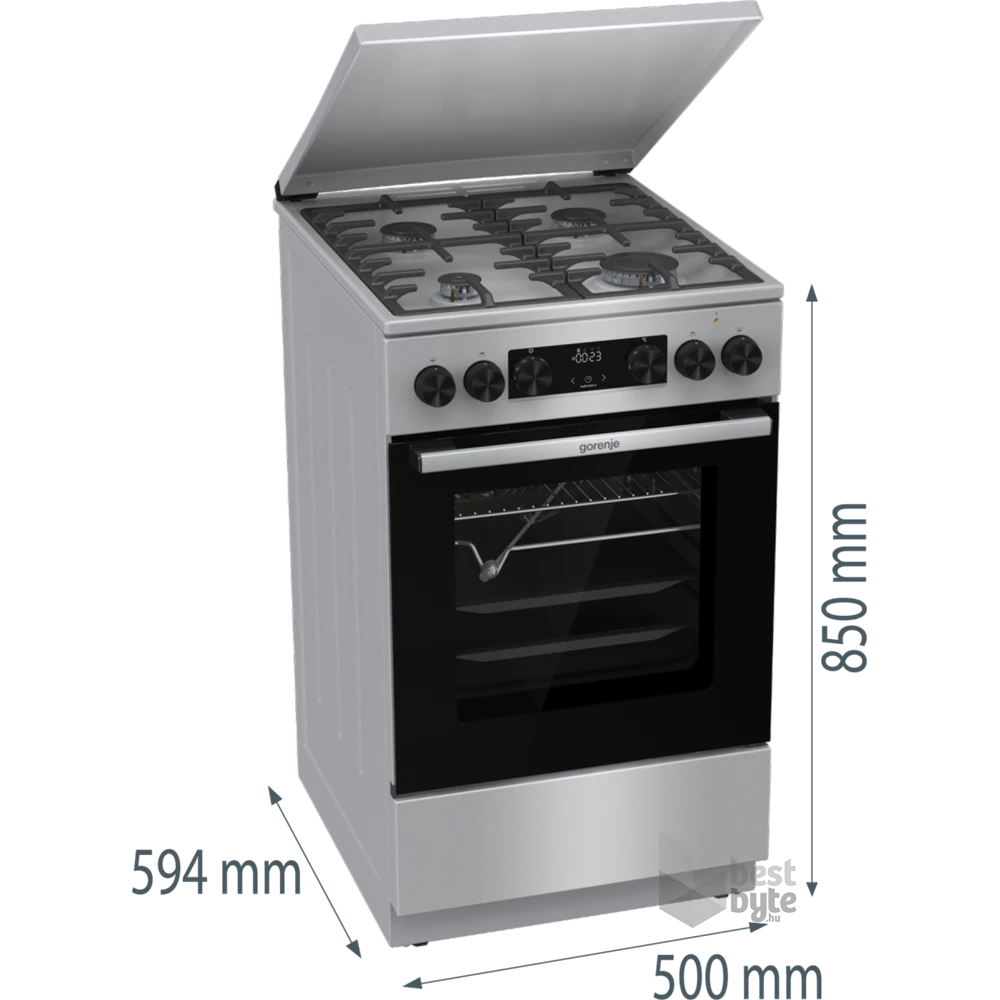 Gorenje GKS5C71XF Inox, szabadonálló, gáz, kombinált, főzőzóna: 4, sütő:70L, grill, tűzhely
