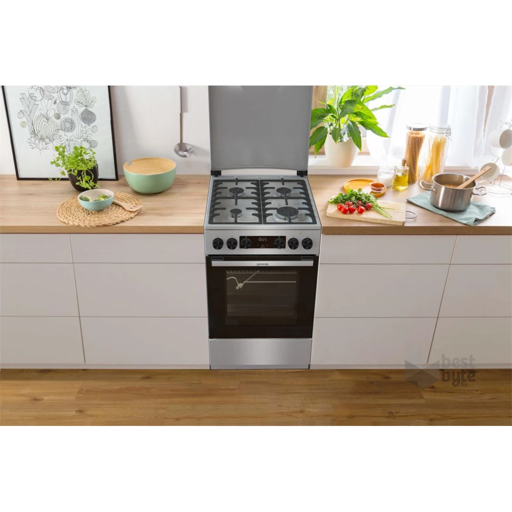 Gorenje GKS5C71XF Inox, szabadonálló, gáz, kombinált, főzőzóna: 4, sütő:70L, grill, tűzhely