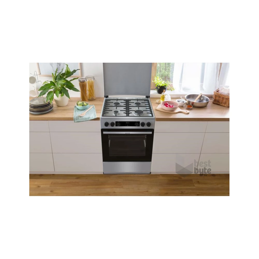 Gorenje GKS6C71XF Inox, szabadonálló, gáz, kombinált, főzőzóna: 4, sütő:71L, grill, tűzhely