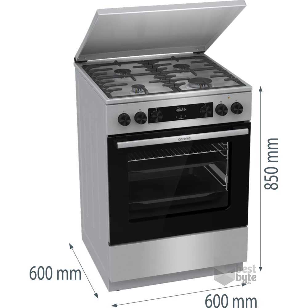 Gorenje GKS6C71XF Inox, szabadonálló, gáz, kombinált, főzőzóna: 4, sütő:71L, grill, tűzhely