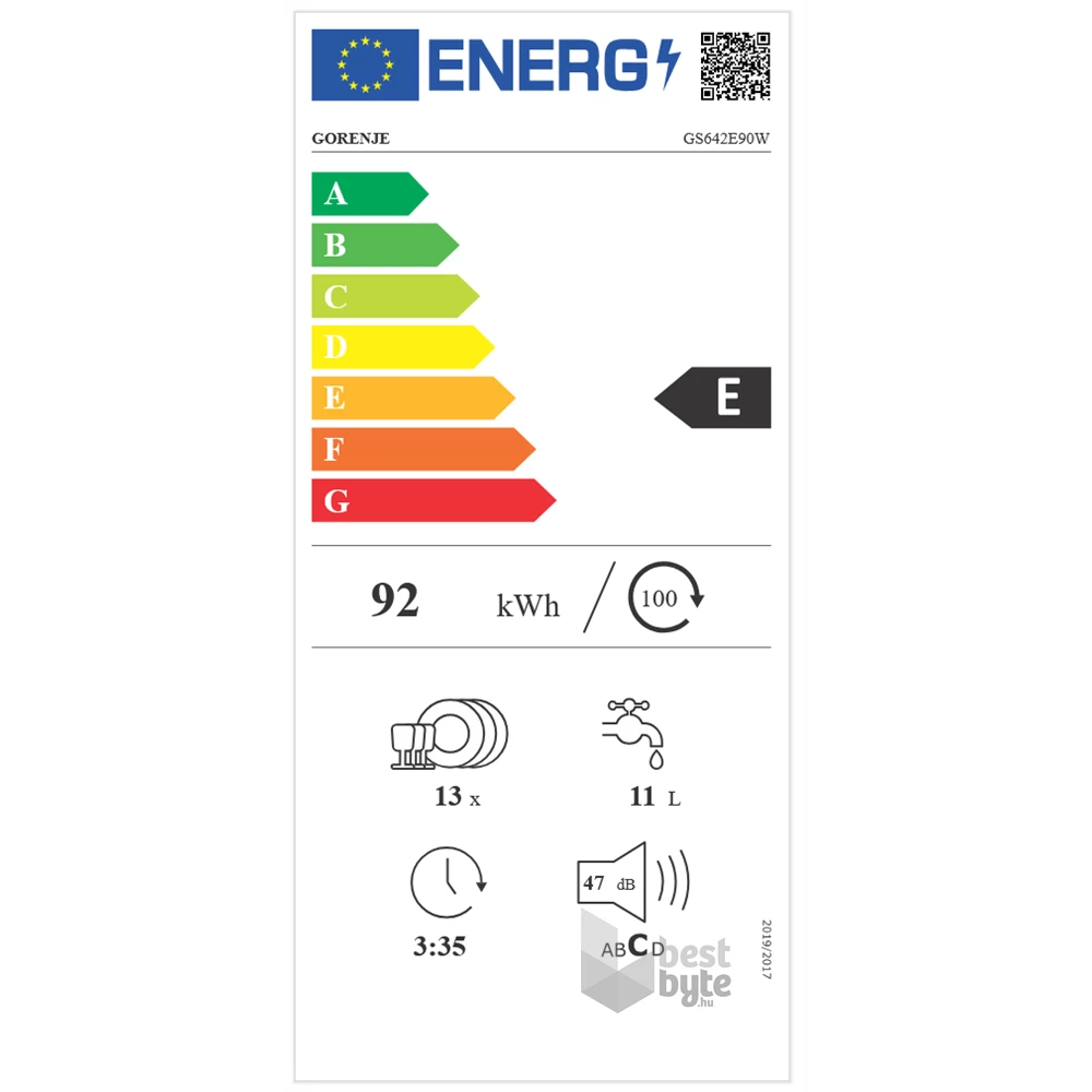 Gorenje GS642E90W fehér, programok száma: 6, szabadonálló, 13 terítékes mosogatógép 