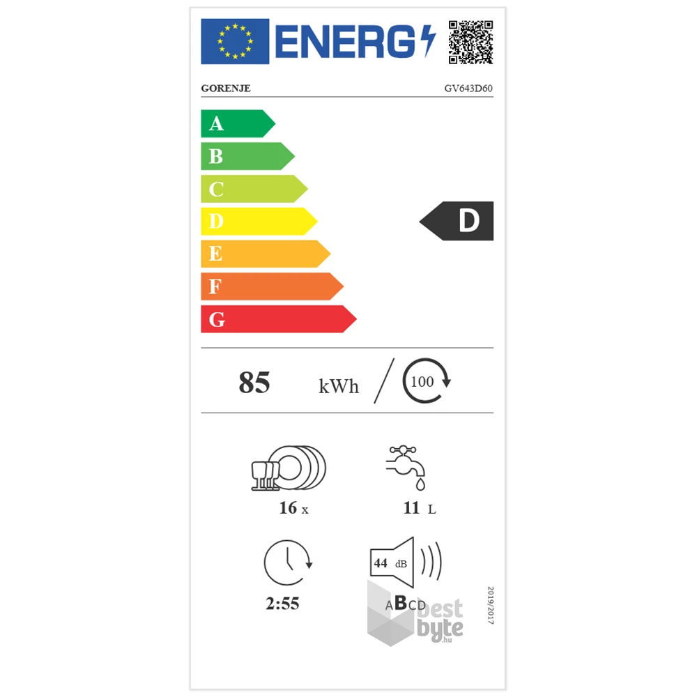 Gorenje GV16D programok száma: 6, beépíthető, 16 terítékes mosogatógép 