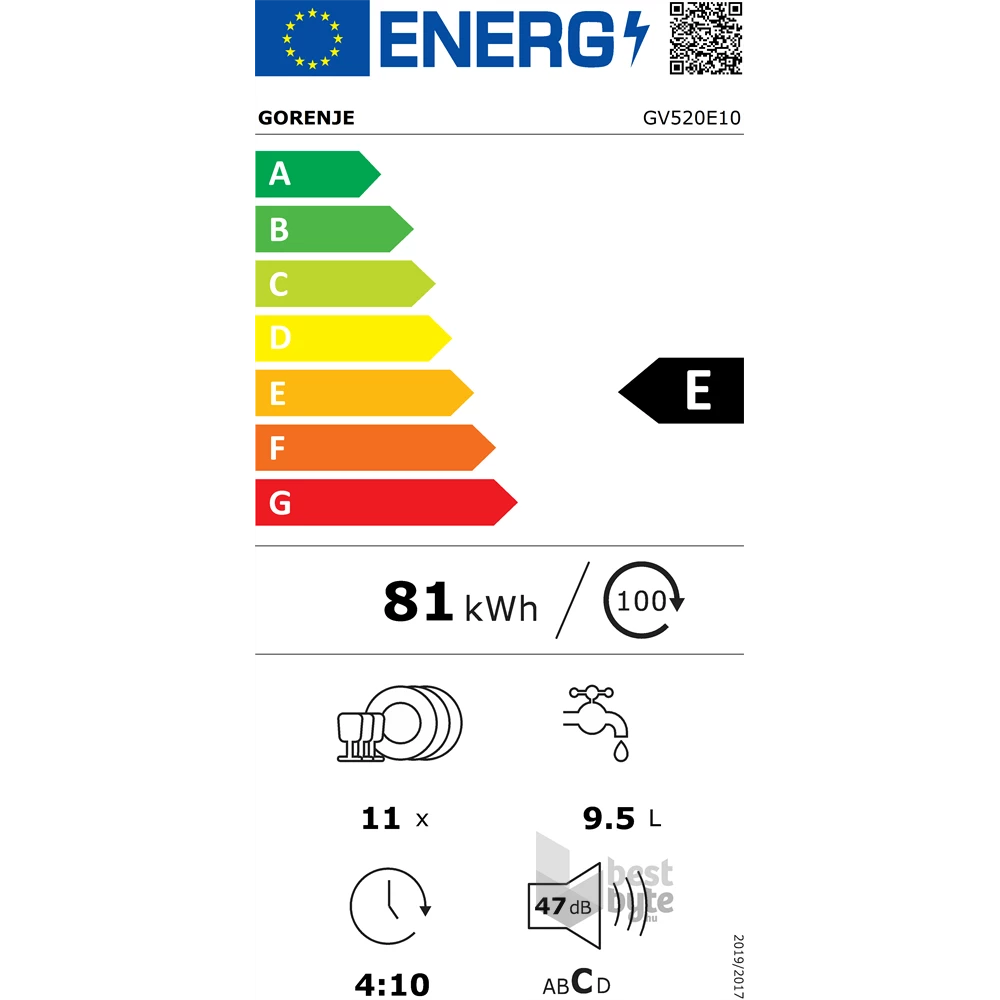 Gorenje GV520E10 programok száma: 5, keskeny beépíthető, 11 terítékes mosogatógép 