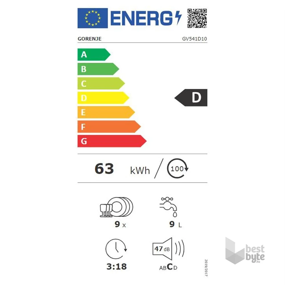 Gorenje GV541D10 programok száma: 5, keskeny beépíthető, 9 terítékes mosogatógép 
