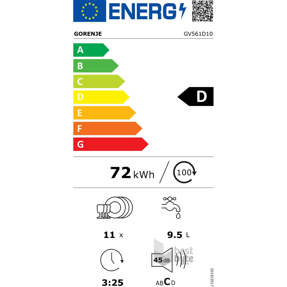 Gorenje GV561D10 programok száma: 5, keskeny beépíthető, 11 terítékes mosogatógép 