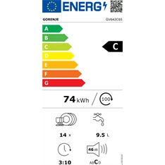 Gorenje GV642C65 programok száma: 6, beépíthető, 14 terítékes mosogatógép 