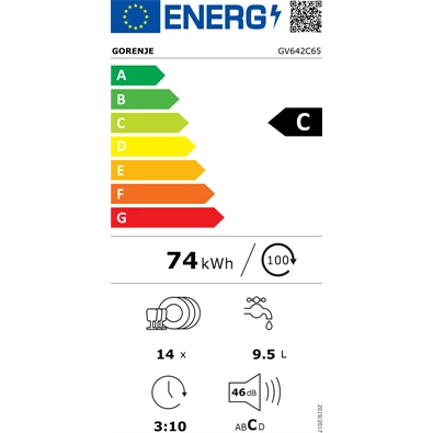 Gorenje GV642C65 programok száma: 6, beépíthető, 14 terítékes mosogatógép 