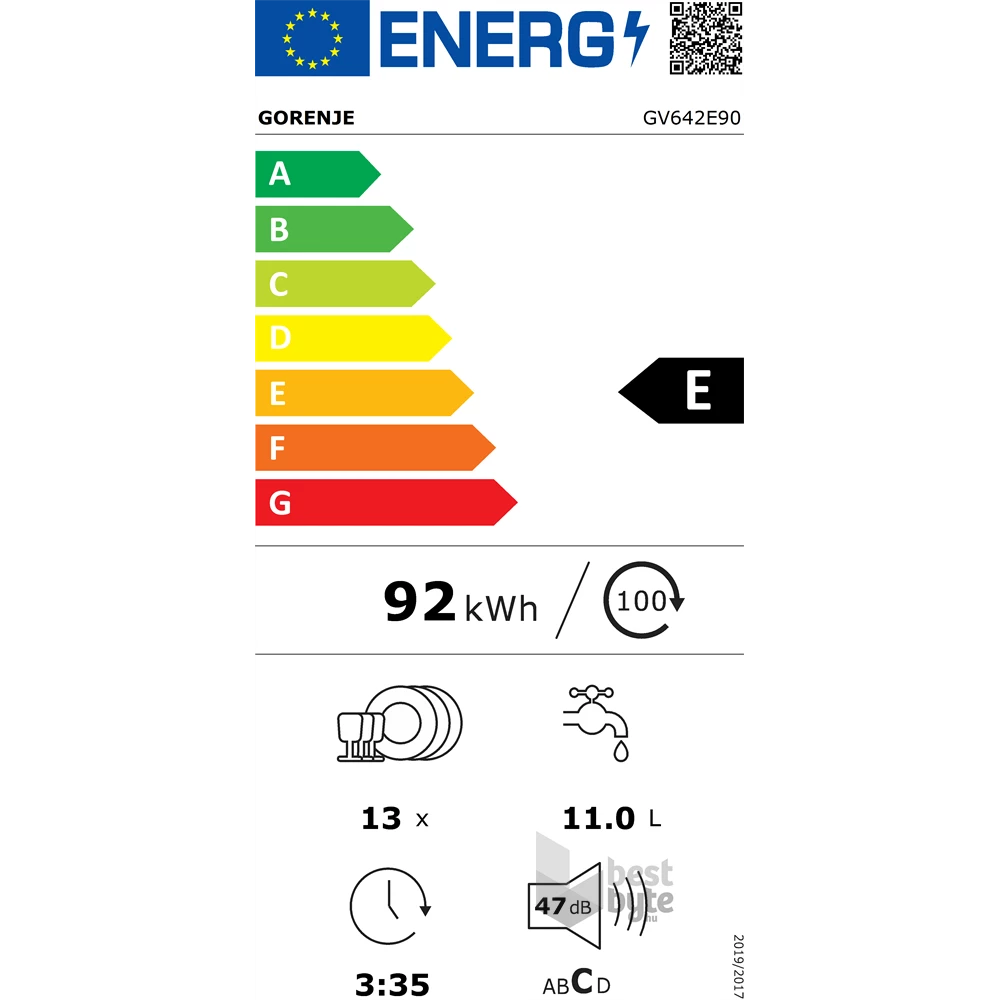 Gorenje GV642E90 fekete, programok száma: 6, beépíthető, 13 terítékes mosogatógép 