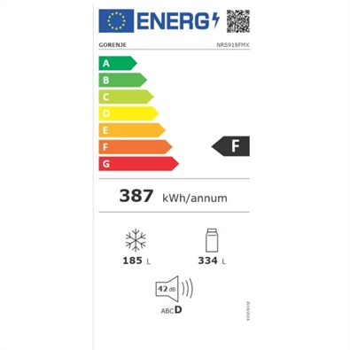 Gorenje NRS918FMX szürke, Side-by-Side, Hűtő:334L, Fagyasztó:185L, No frost Plus hűtőszekrény