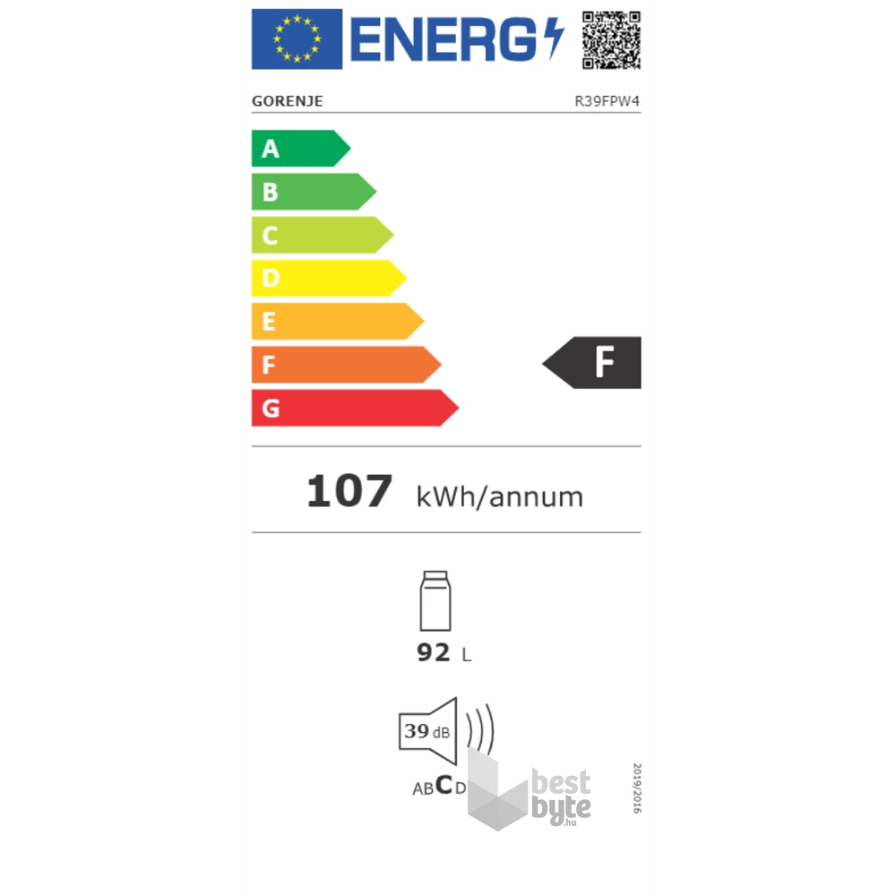 Gorenje R39FPW4 fehér, egyajtós, Hűtő:92L, hűtőszekrény