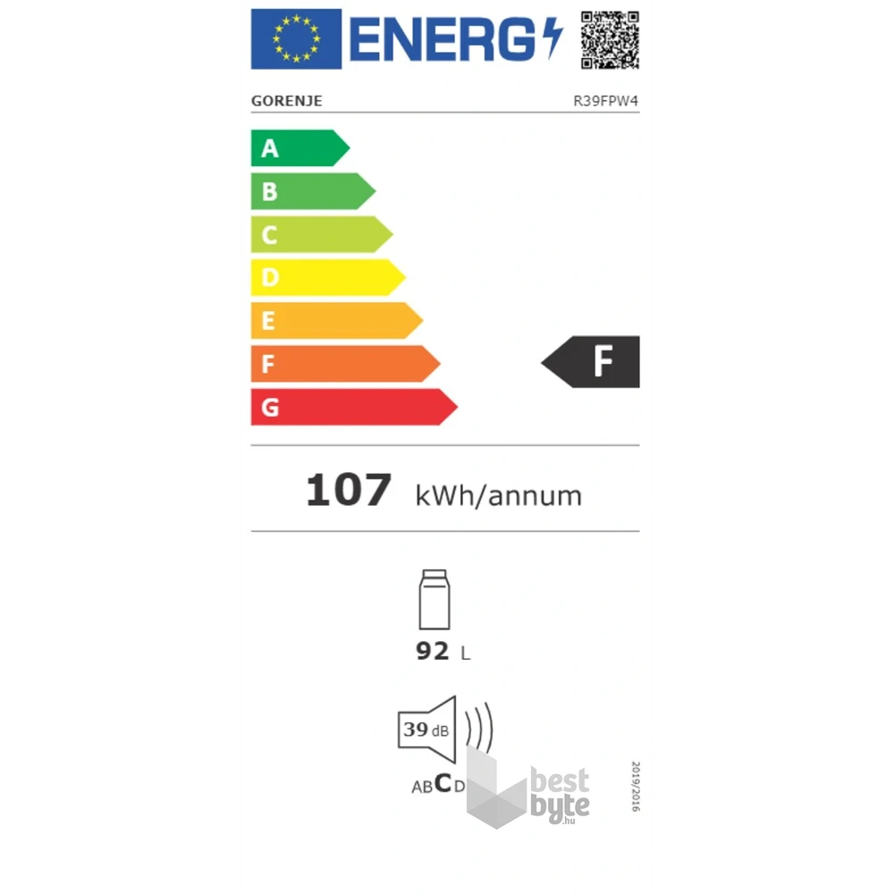 Gorenje R39FPW4 fehér, egyajtós, Hűtő:92L, hűtőszekrény (Használt - A)