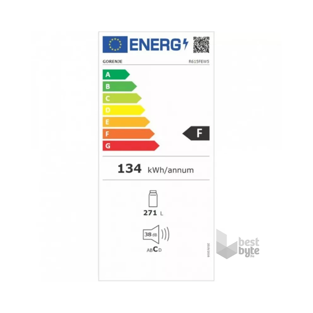 Gorenje R615FEW5 fehér, egyajtós, Hűtő:398L, hűtőszekrény