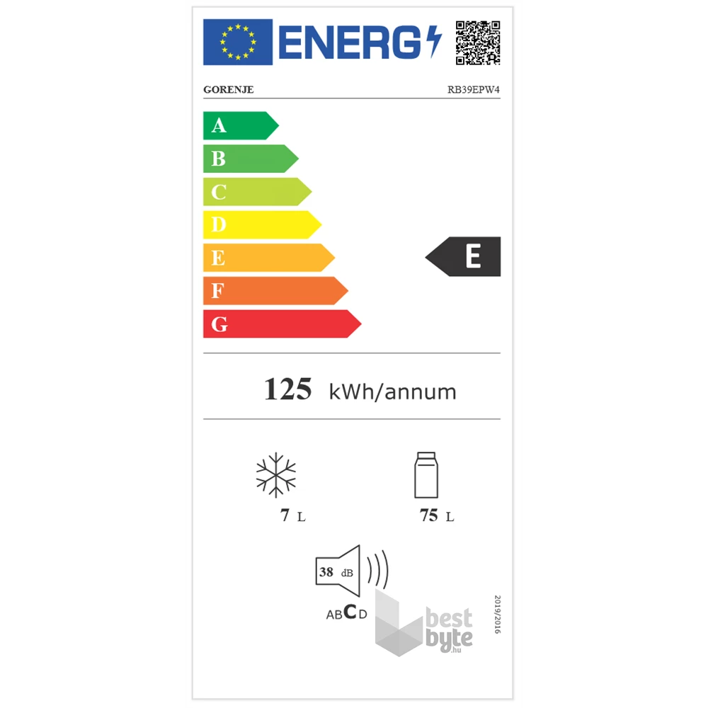 Gorenje RB39EPW4 fehér, egyajtós, Hűtő:75L, Fagyasztó:7L, hűtőszekrény