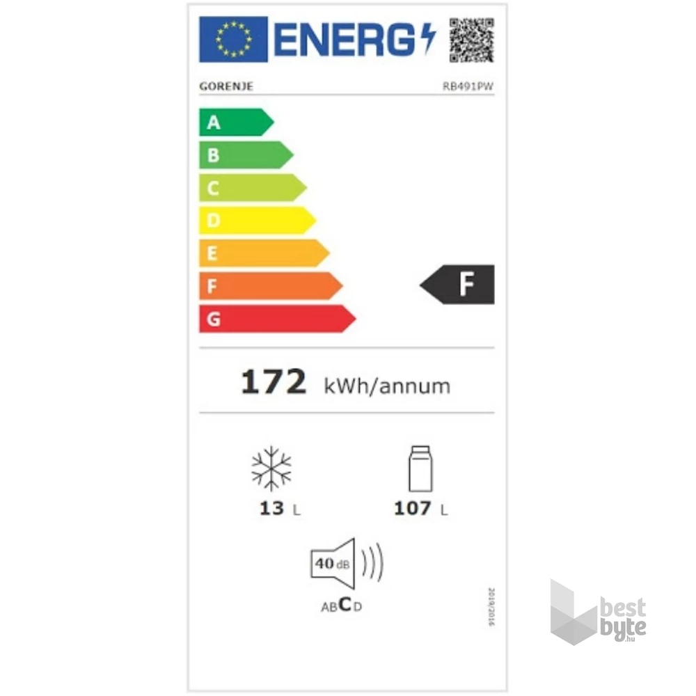 Gorenje RB491PW fehér, egyajtós, Hűtő:106L, Fagyasztó:14L, hűtőszekrény