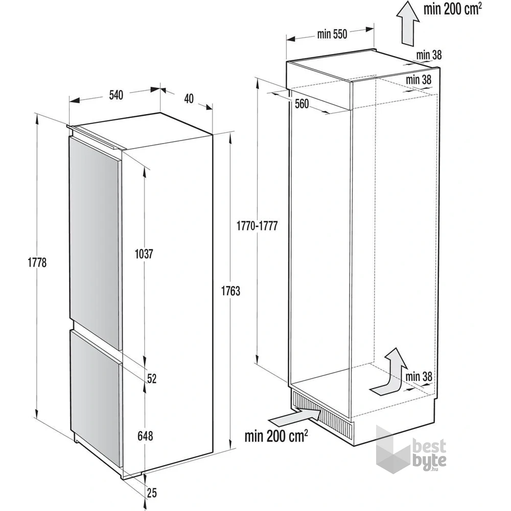 Gorenje RKI517EP1 beépíthető,alulfagyasztós, Hűtő:183L, Fagyasztó:67L, hűtőszekrény