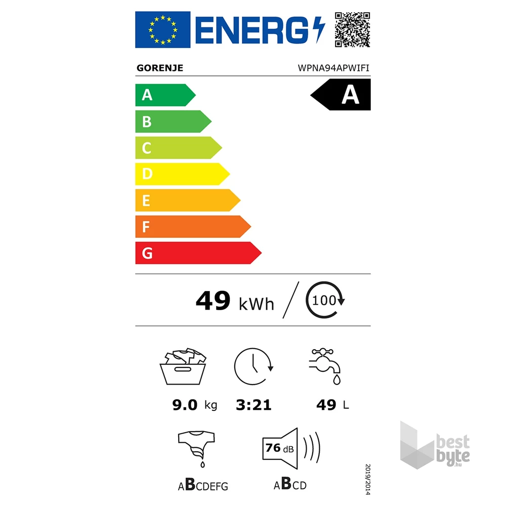Gorenje WPNA94APWIFI fehér, elöltöltős, max.1400ford., 9 kg, mosógép