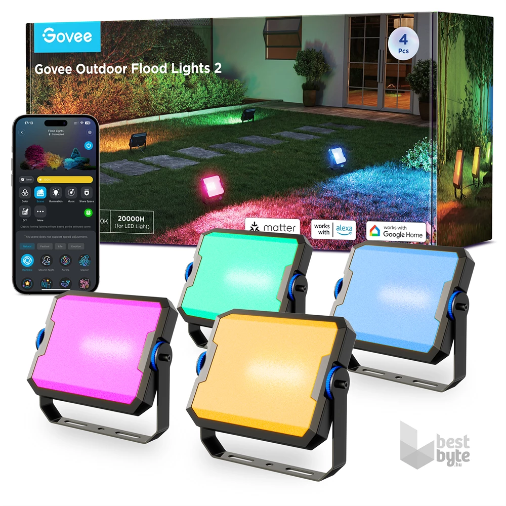 Govee GOVH8057 Wi-Fi+BLE+RGBICWW 4 db-os kültéri színes LED reflektorok