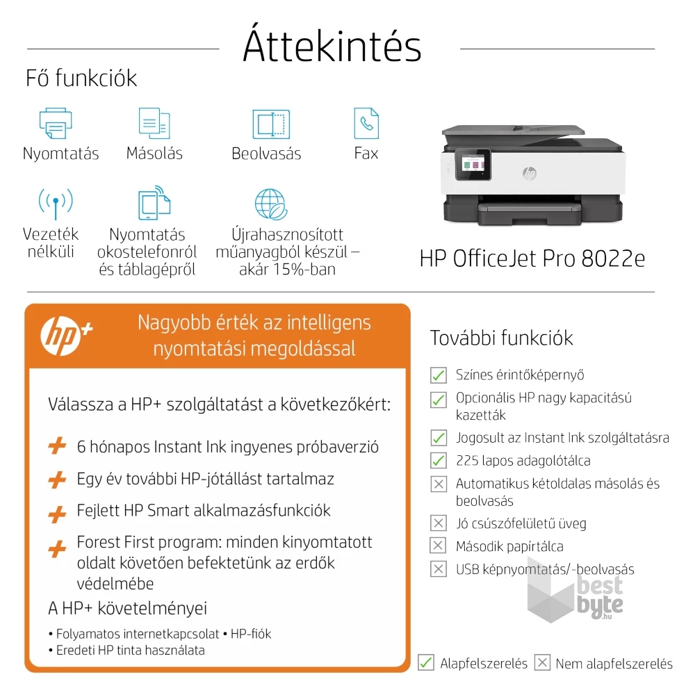 HP OfficeJet Pro 8022E All-in-One multifunkciós tintasugaras Instant Ink ready nyomtató (Újracsomagolt)