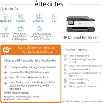 HP OfficeJet Pro 8022E All-in-One multifunkciós tintasugaras Instant Ink ready nyomtató (Újracsomagolt)