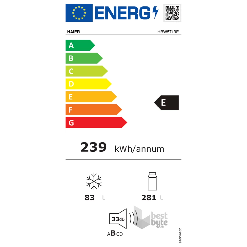 Haier HBW5719E alulfagyasztós, beépíthető, Hűtő:281L, Fagyasztó:83L, No frost hűtőszekrény