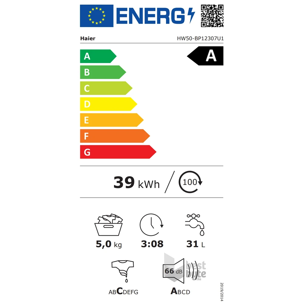 Haier HW50-BP12307U1-S fehér, elöltöltős, max.: 1200 ford, 5kg, mosógép