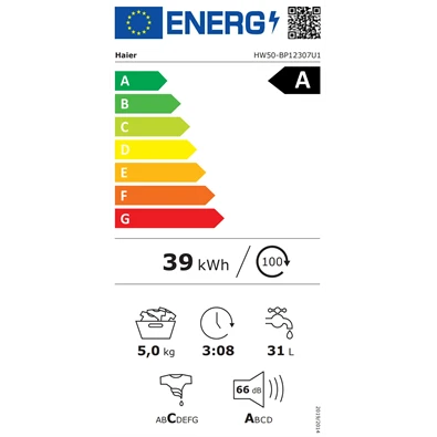 Haier HW50-BP12307U1-S fehér, elöltöltős, max.: 1200 ford, 5kg, mosógép