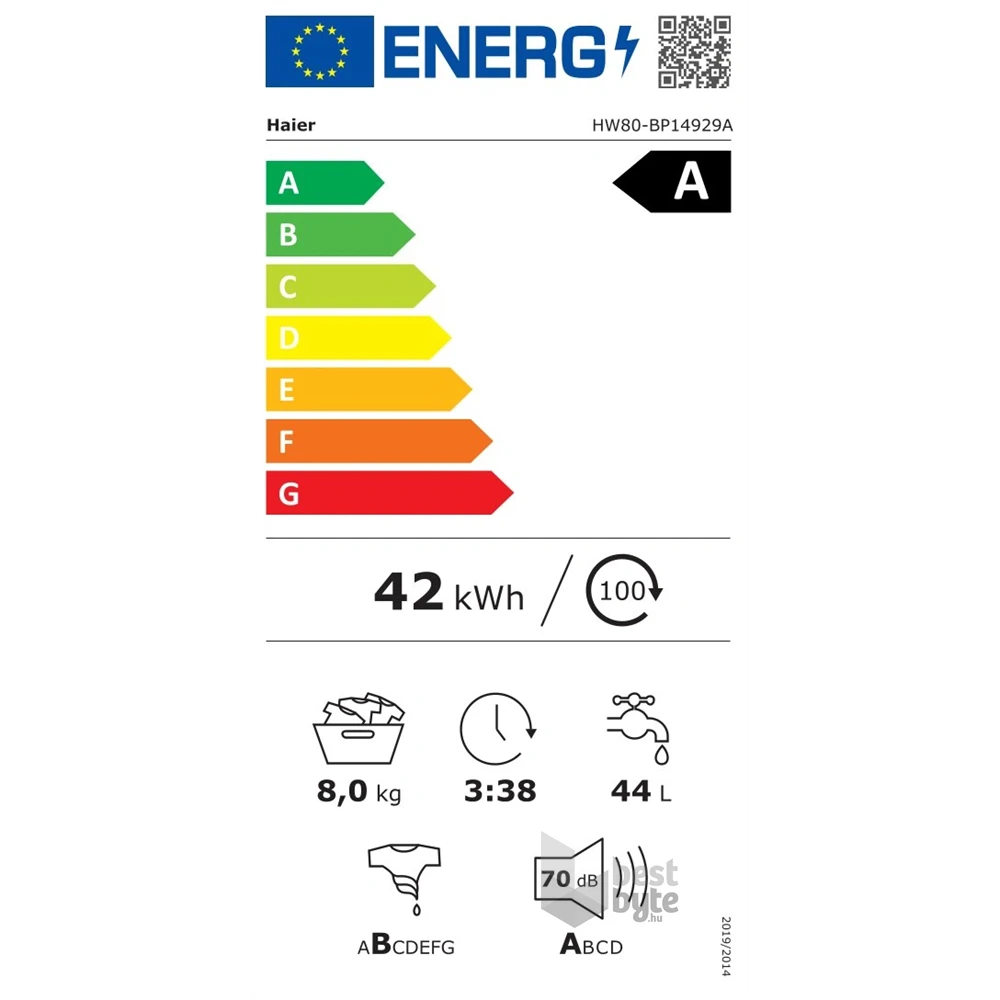 Haier HW80-BP14929A-S fehér, elöltöltős, max.1400 ford., 8kg, mosógép