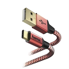 Hama 178296 "Reflective" USB Type-C piros 1,5m adatkábel
