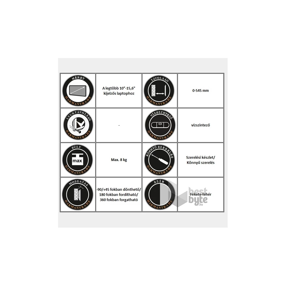 Harmantrade LS30 fekete-fehér fali notebook tartó
