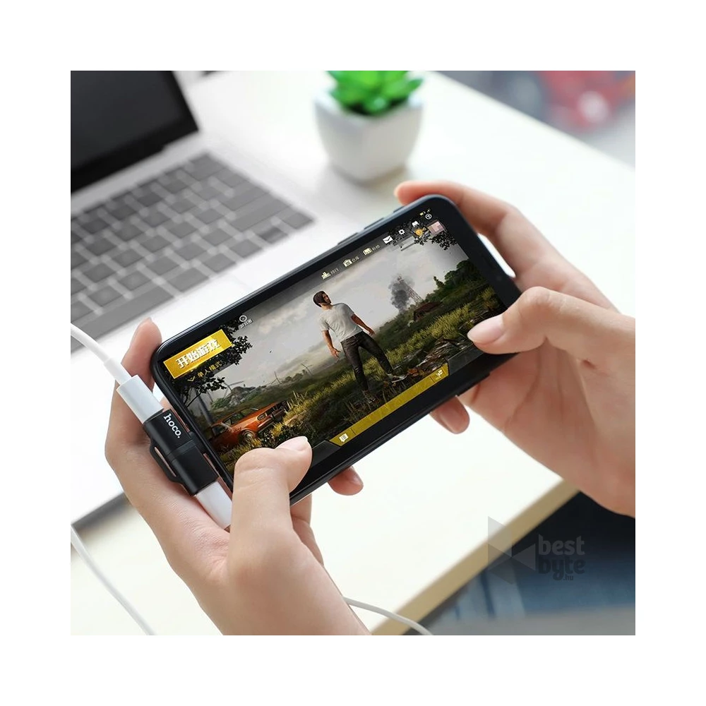 Hoco HOC0212 Lightning ezüst töltő és audió elosztó adapter