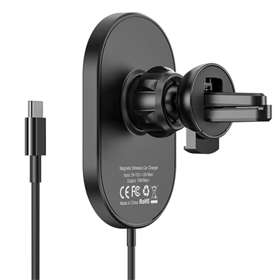 Hoco CA90 15W univerzális fekete MagSafe autós tartó és vezeték nélküli töltő