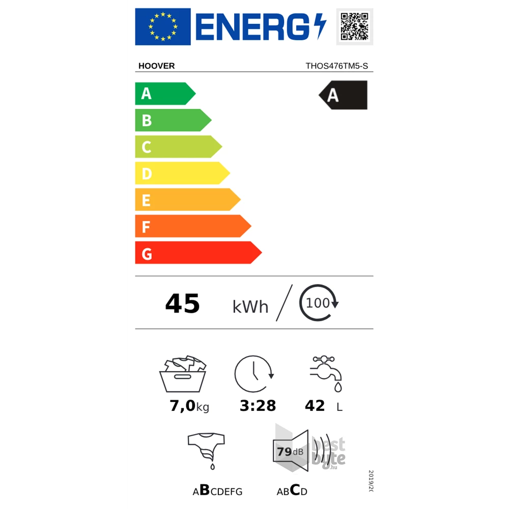 Hoover THOS476TM5 fehér, felültöltős, max.1400ford., 7 kg, mosógép