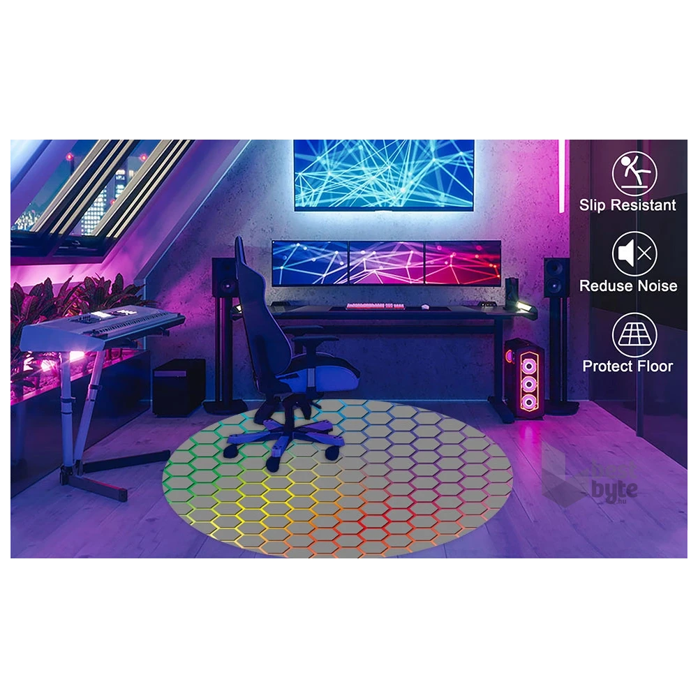 IRIS GAMER RAINBOW HEXAGON 120cm átmérőjű, 2mm vastag, hatszög mintás kerek padlóvédő székalátét