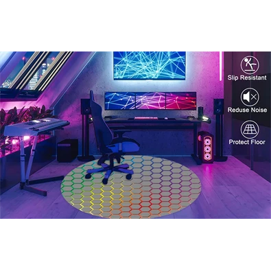 IRIS GAMER RAINBOW HEXAGON 120cm átmérőjű, 2mm vastag, hatszög mintás kerek padlóvédő székalátét