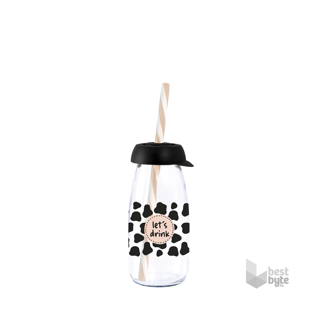 IRIS Lets Drink üveg palack szívószállal 250ml, fekete pöttyös 111722-011P