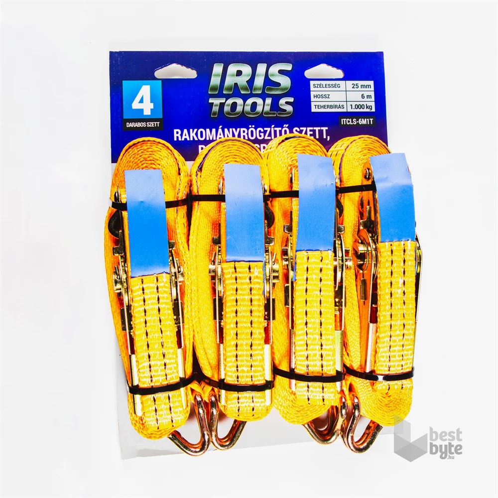IRIS TOOLS ITCLS-6M1T blister 4db-os csomag, rakományrögzítő szett, kétrészes racsnis spanifer, 1.000 kg, 6 m, 25 mm