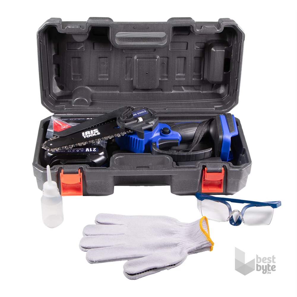 IRIS TOOLS ITCM-100 Akkus olajozós láncfűrész, ágvágó szett (táska + fűrész + 2 akku + töltő), 21V, 15 cm vágási hossz
